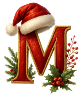 Et dekorativt bogstav M iført en rød nissehue, omkranset af julegrønne planter og bær.