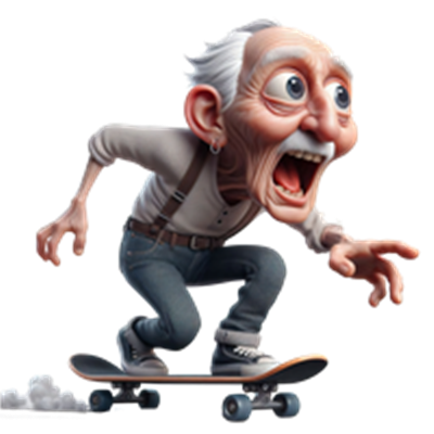 En humoristisk gammel mand, der skateboarder med stor entusiasme.