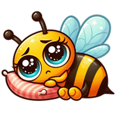 En tegneserieagtig bi med store øjne, der ligger på en rød og hvid stribet pude.