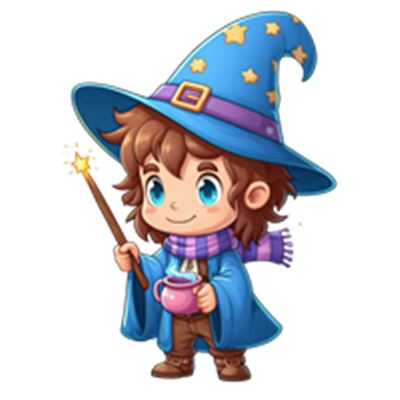 En sød, ung magiker iført en blå hat med stjerner, der holder en tryllestav og en krus.