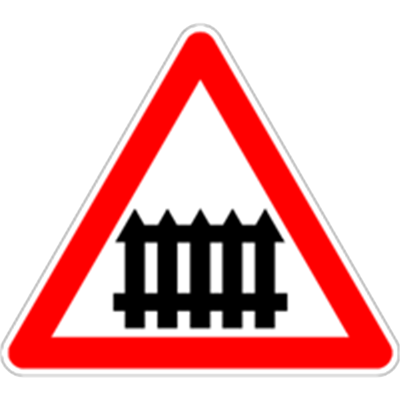 Et advarselsskilt i trekantet form med røde og sorte farver, der indikerer en jernbaneovergang.