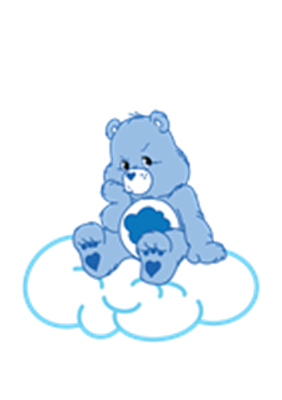 En sød, blå bjørn sidder på en fluffy sky med et venligt udtryk.