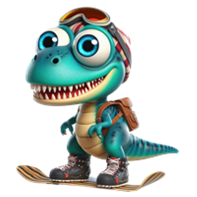 En farverig, cartoon-inspireret dinosaur iført skihjelm og snowboard.
