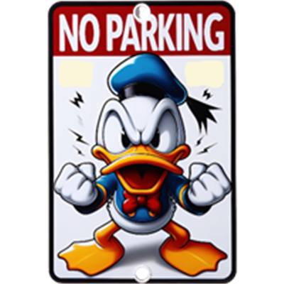 Et farverigt skilt med en vred Donald Duck, der advarer mod parkering.