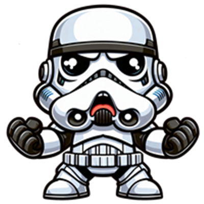 En sød og tegneserieagtig stormtrooper med store øjne og en venlig attitude.