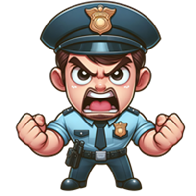 En tegneserieagtig politibetjent med en vred mine, der råber og viser sine knytnæver.