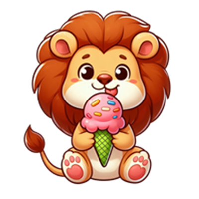 En tegneserieagtig løve, der holder en isvaffel med farverig is.