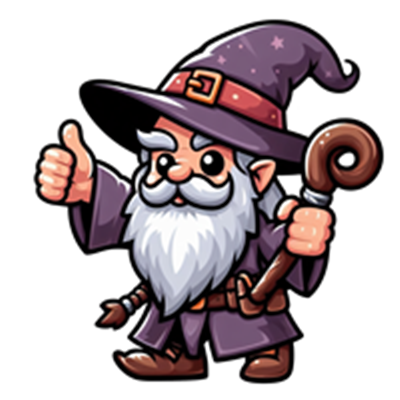 En farverig og venlig troldmand med en lang hvid skæg, iført en lilla hat og kappe, der giver tommelfinger op.