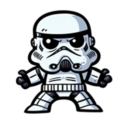 En sød og tegneserieagtig version af en Stormtrooper med en truende attitude.