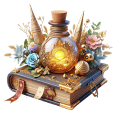 En smuk, dekoreret flaske med lys, omgivet af blomster og en åben bog.