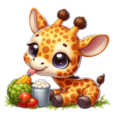 En nuttet girafunge sidder blandt frugter og grøntsager, klar til at spise.