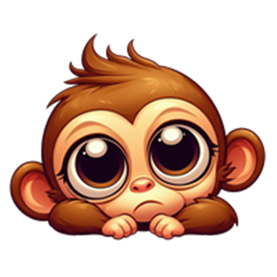 En tegneserieagtig abe med store, udtryksfulde øjne, der ser trist ud.