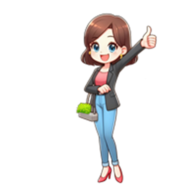 En tegnet kvinde med kort hår, der smiler og viser tommelfinger op, mens hun holder en plante.