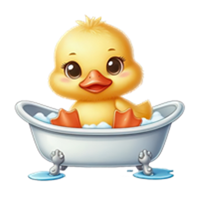 En tegneserieagtig and, der leger i et badekar fyldt med skum.