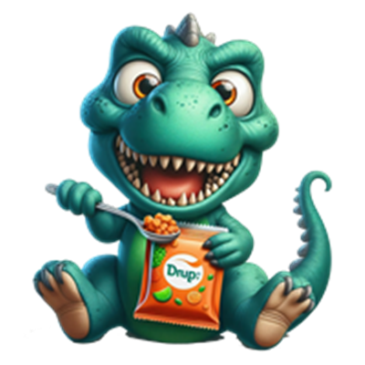 En farverig dinosaur-karakter, der smiler og spiser snacks.