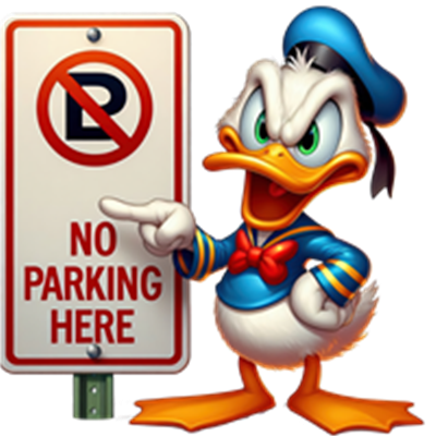 Donald Duck står ved et skilt, der angiver, at parkering ikke er tilladt.