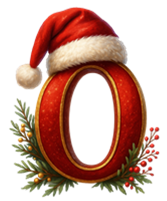 Et dekorativt bogstav O iført en rød nissehue, omgivet af julegrønne elementer.