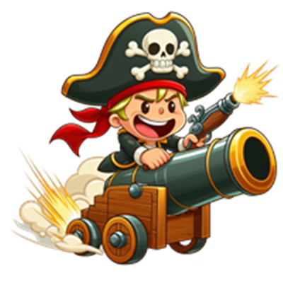En glad pirat drager ind i kampen fra en kanon, klar til eventyr.