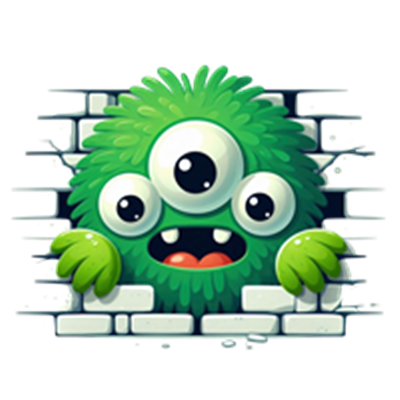 Et sødt, grønt monster med tre øjne og store hænder, der kigger ud fra en mur.