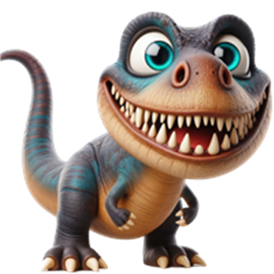 En farverig og venlig dinosaur med store tænder og et smilende ansigt.