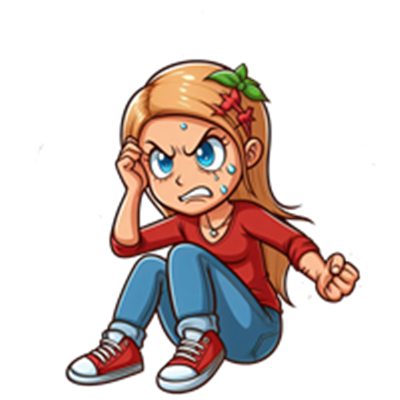 En tegnet pige med blondt hår og vredt ansigt, sidder på gulvet med knyttede næver.