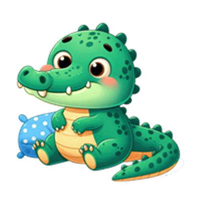 En farverig og venlig krokodille, der sidder med en blå bold, udstråler legesyge.