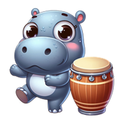 En sød, cartoon-lignende flodhest danser ved siden af en tromme.