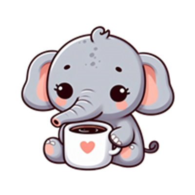 En nuttet grå elefant med store øjne, der holder en kop kaffe med et hjerte på.