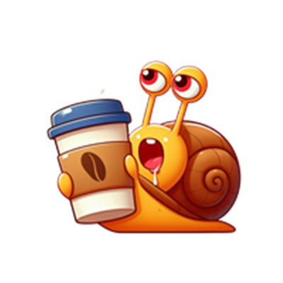 En farverig og glad snegl holder en kaffekop, der udstråler livsglæde.