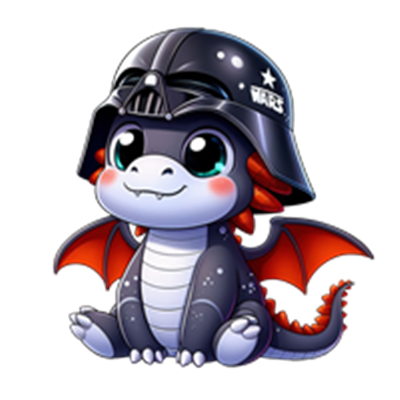 En charmerende drage med røde vinger iført en Darth Vader-hjelm, der smiler.