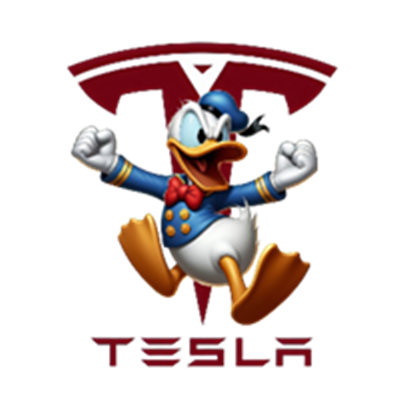 Et billede af en animeret and i en uniform, der springer foran Tesla-logoet.