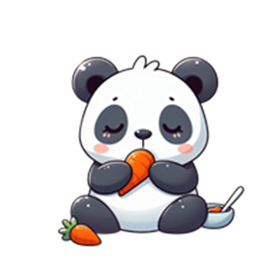 En sød, cartoon-lignende panda sidder og holder en gulerod, med et tilfreds udtryk.