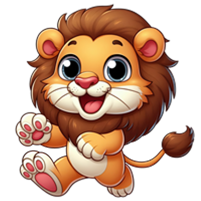 En sød, tegnet løve med store øjne, der løber glad.