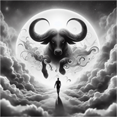 En dramatisk sort-hvid illustration af en mand, der går mod en stor oksefigur under en fuldmåne.