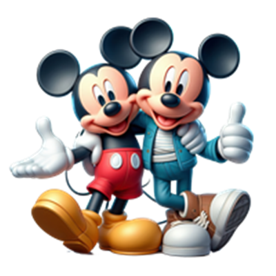 To karakterer af Mickey Mouse, der står sammen og smiler, iført farverige outfits.