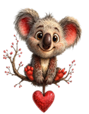 En sød og venlig koala, der sidder på en gren med et hjerte, omgivet af blomster.