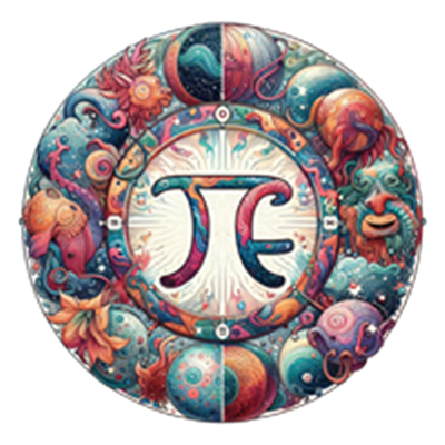 En detaljeret og farverig illustration, der viser Fiskenes symbol omgivet af marine elementer.