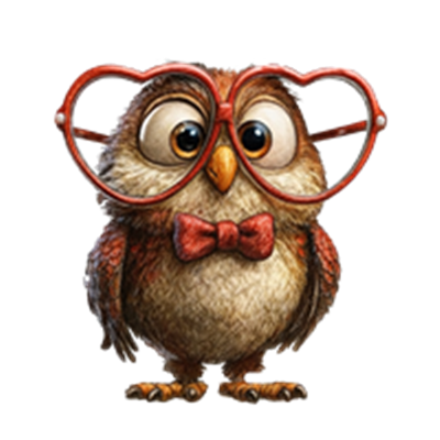 En sød og klog ugle iført store hjerteformede briller og en sløjfe.