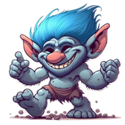 En farverig, glad trold med blå hår, der smiler og danser, omgivet af småsten.