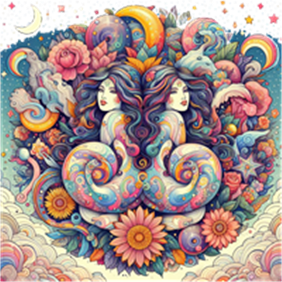 Et detaljeret og farverigt billede af to kvinder med lange, bølgende hår, omgivet af blomster og himmelske elementer.