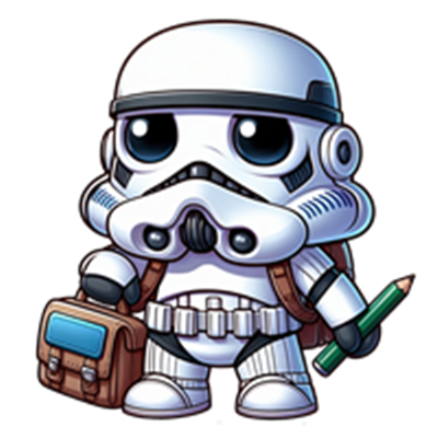En tegnet stormtrooper i en sød stil, iført rygsæk og holder en blyant.