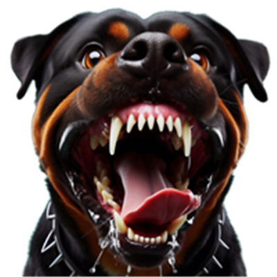 En tæt påbillede af en Rottweiler med åben kæbe, viser skarpe tænder og en truende attitude.