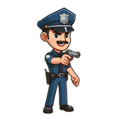 En tegneserieagtig politibetjent, der peger med en pistol.