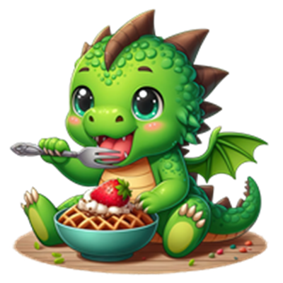 En farverig, tegnet drageunge sidder og spiser vafler med jordbær og flødeskum.