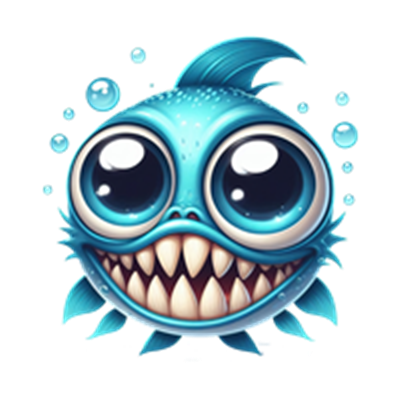 En farverig, cartoonagtig fisk med store øjne og et bredt smil, omgivet af bobler.