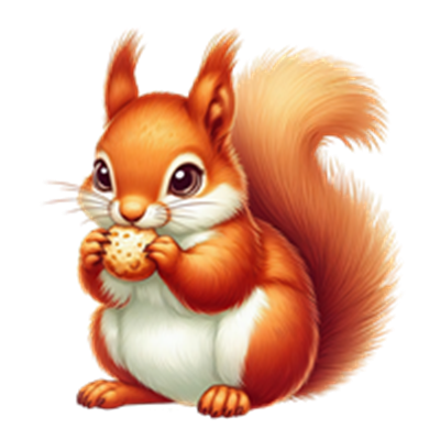 Et farverigt, tegnet egern holder en småkage i sine forpoter.