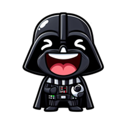 En sød og smilende tegneserieversion af Darth Vader iført sin ikoniske dragt.