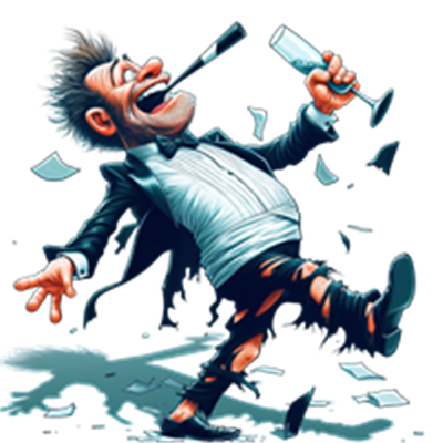 En glad mand i smoking, der danser med et champagneglas og en festhat, omgivet af konfetti.