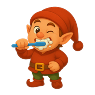 En farverig nisse i rød hat og tøj, der børster sine tænder med et stort smil.