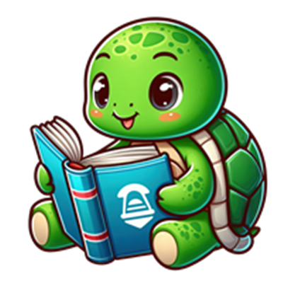 En sød, grøn skildpadde der sidder og læser en bog med et glad udtryk.